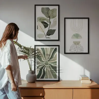 3er-Set Bilder mit Rahmen mit Pflanzenmotiven und geometrischen Mustern in Grün