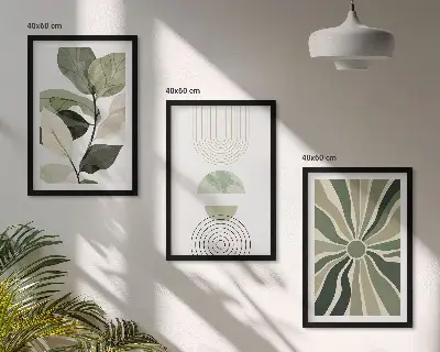 3er-Set Bilder mit Rahmen mit Pflanzenmotiven und geometrischen Mustern in Grün