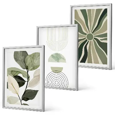 3er-Set Bilder mit Rahmen mit Pflanzenmotiven und geometrischen Mustern in Grün