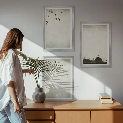 3er-Set Bilder mit Rahmen fliegende Vögel im minimalistischen Design