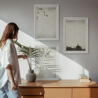 3er-Set Bilder mit Rahmen fliegende Vögel im minimalistischen Design