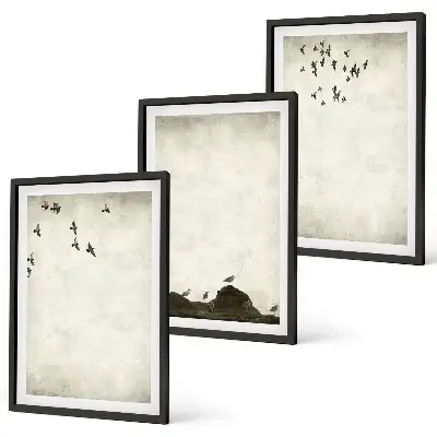 3er-Set Bilder mit Rahmen fliegende Vögel im minimalistischen Design