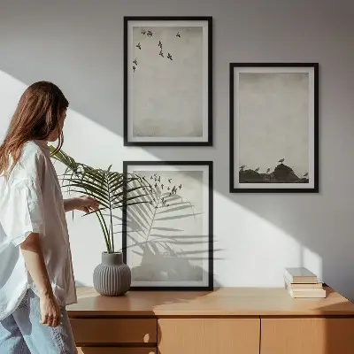 3er-Set Bilder mit Rahmen fliegende Vögel im minimalistischen Design