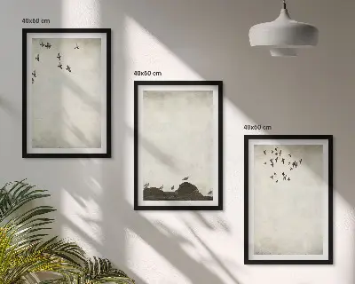3er-Set Bilder mit Rahmen fliegende Vögel im minimalistischen Design
