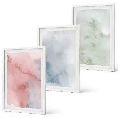 Gerahmtes Bilderset mit pastellfarbenen Aquarellstrukturen