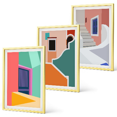 Gerahmtes bilderset Farbenfrohe Illustrationen von Gebäuden
