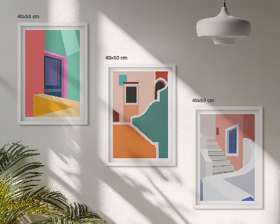 Gerahmtes bilderset Farbenfrohe Illustrationen von Gebäuden