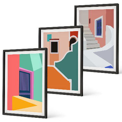 Gerahmtes bilderset Farbenfrohe Illustrationen von Gebäuden