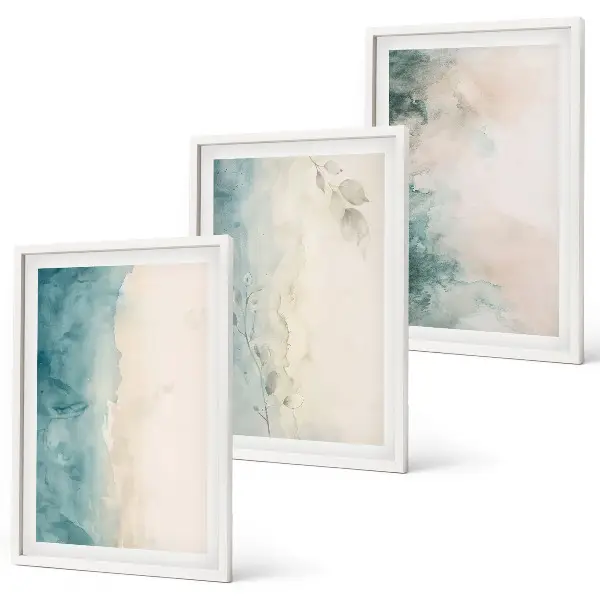 Minimalistisches 3er-Set Wandbilder auf Aquarellleinwand mit Rahmen