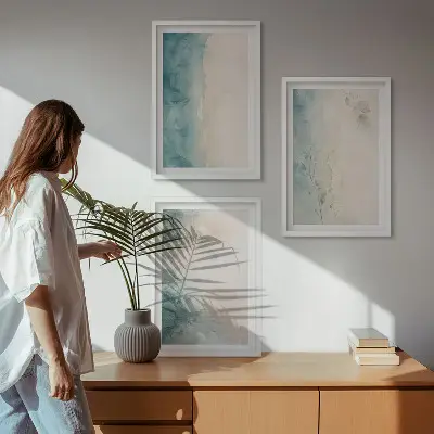 Minimalistisches 3er-Set Wandbilder auf Aquarellleinwand mit Rahmen