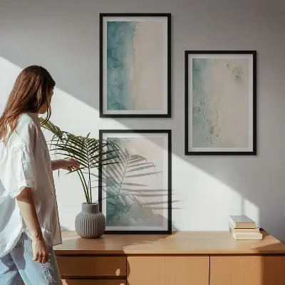 Minimalistisches 3er-Set Wandbilder auf Aquarellleinwand mit Rahmen
