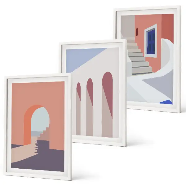 Gerahmtes Bilderset mit minimalistischen Architekturillustrationen