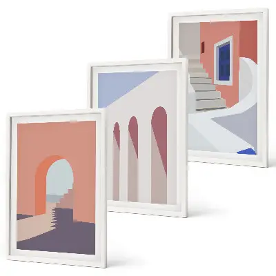 Gerahmtes Bilderset mit minimalistischen Architekturillustrationen