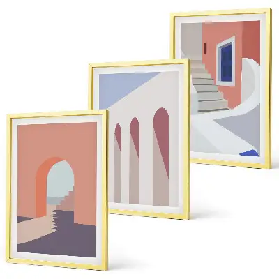 Gerahmtes Bilderset mit minimalistischen Architekturillustrationen