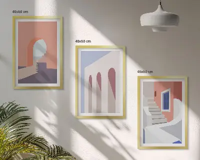 Gerahmtes Bilderset mit minimalistischen Architekturillustrationen