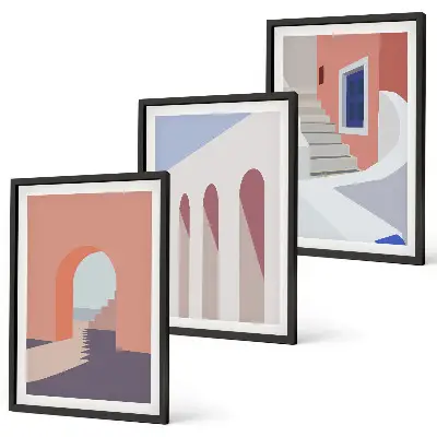 Gerahmtes Bilderset mit minimalistischen Architekturillustrationen