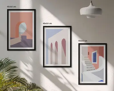 Gerahmtes Bilderset mit minimalistischen Architekturillustrationen