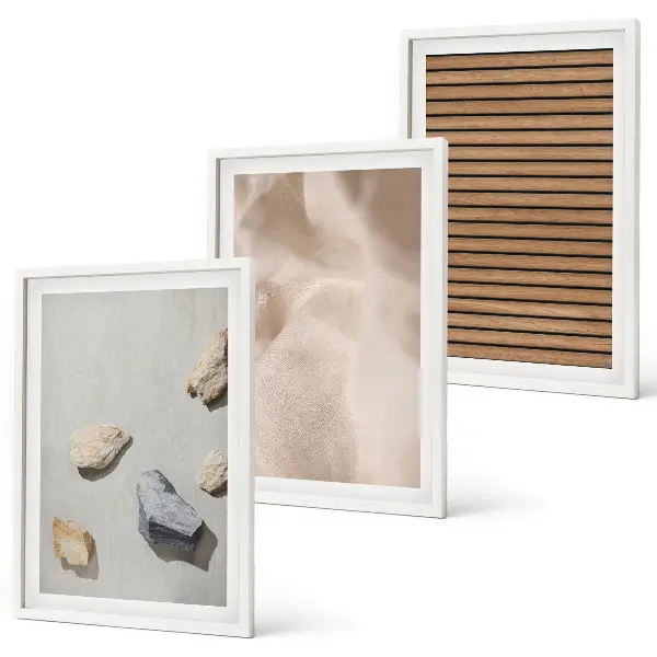 3er-Set Bilder mit Rahmen mit Steinen, Holz und Stofftexturen