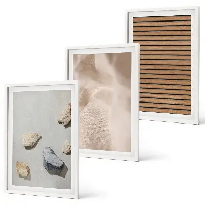 3er-Set Bilder mit Rahmen mit Steinen, Holz und Stofftexturen