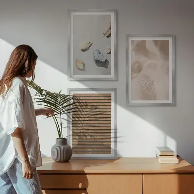 3er-Set Bilder mit Rahmen mit Steinen, Holz und Stofftexturen