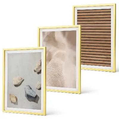 3er-Set Bilder mit Rahmen mit Steinen, Holz und Stofftexturen