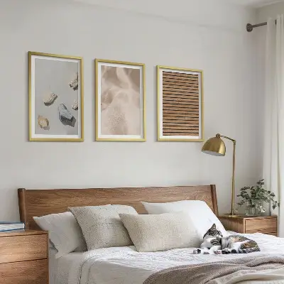 3er-Set Bilder mit Rahmen mit Steinen, Holz und Stofftexturen