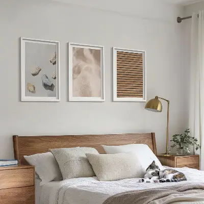 3er-Set Bilder mit Rahmen mit Steinen, Holz und Stofftexturen