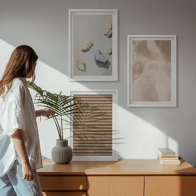 3er-Set Bilder mit Rahmen mit Steinen, Holz und Stofftexturen