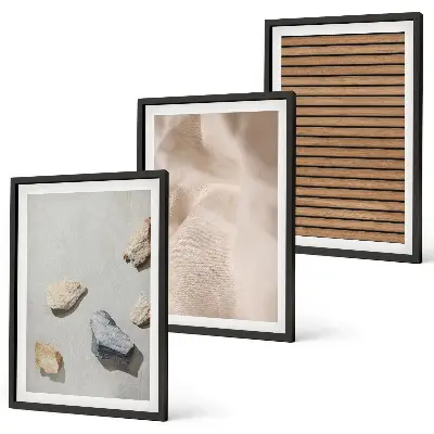 3er-Set Bilder mit Rahmen mit Steinen, Holz und Stofftexturen