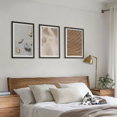 3er-Set Bilder mit Rahmen mit Steinen, Holz und Stofftexturen