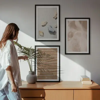 3er-Set Bilder mit Rahmen mit Steinen, Holz und Stofftexturen