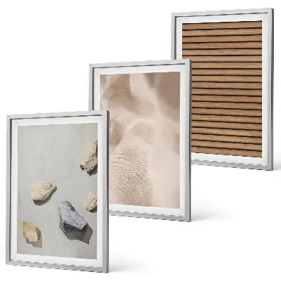 3er-Set Bilder mit Rahmen mit Steinen, Holz und Stofftexturen
