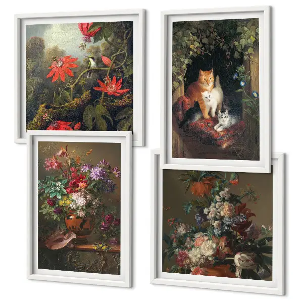 Wanddeko-Set mit Vintage-Blumen, Katzen und Pflanzen