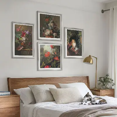 Wanddeko-Set mit Vintage-Blumen, Katzen und Pflanzen