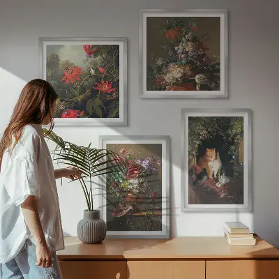 Wanddeko-Set mit Vintage-Blumen, Katzen und Pflanzen