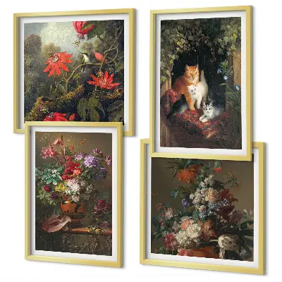 Wanddeko-Set mit Vintage-Blumen, Katzen und Pflanzen