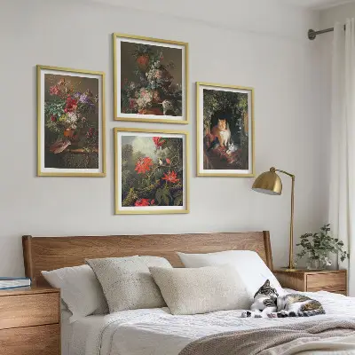 Wanddeko-Set mit Vintage-Blumen, Katzen und Pflanzen