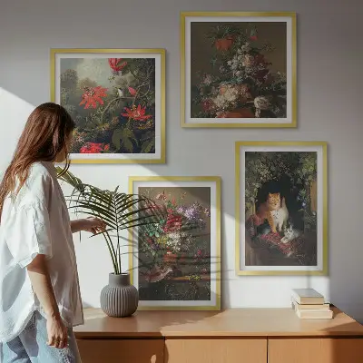 Wanddeko-Set mit Vintage-Blumen, Katzen und Pflanzen