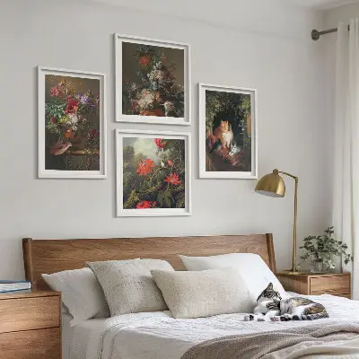 Wanddeko-Set mit Vintage-Blumen, Katzen und Pflanzen