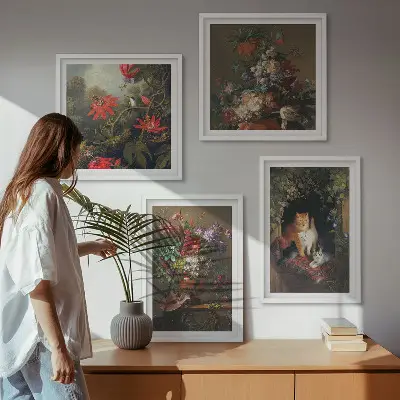 Wanddeko-Set mit Vintage-Blumen, Katzen und Pflanzen