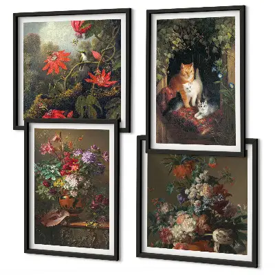 Wanddeko-Set mit Vintage-Blumen, Katzen und Pflanzen
