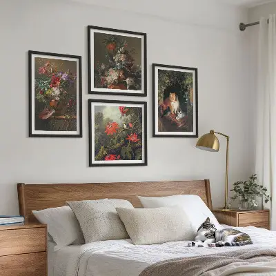 Wanddeko-Set mit Vintage-Blumen, Katzen und Pflanzen