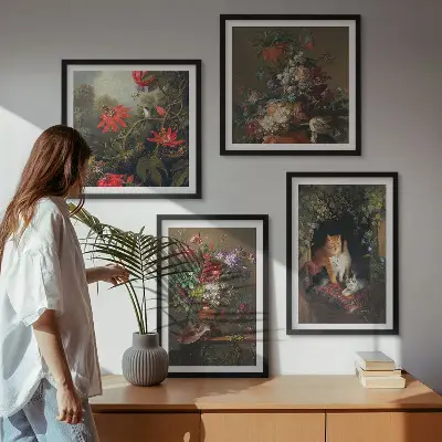 Wanddeko-Set mit Vintage-Blumen, Katzen und Pflanzen