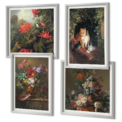 Wanddeko-Set mit Vintage-Blumen, Katzen und Pflanzen