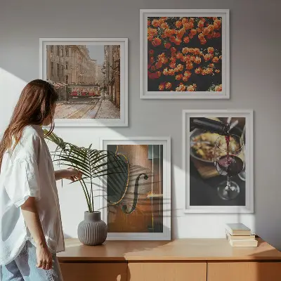 Polyptychon mit Rahmen mit Motiv Vintage Blumen Straße Wein und Geige