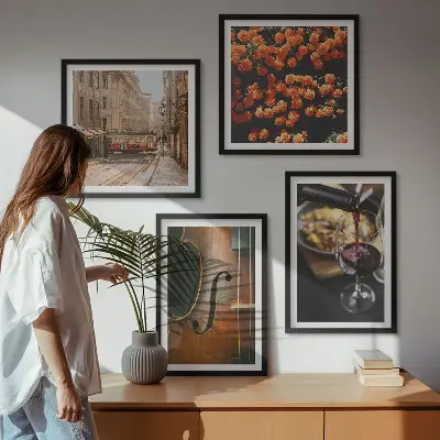 Polyptychon mit Rahmen mit Motiv Vintage Blumen Straße Wein und Geige