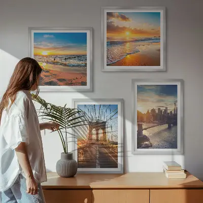 Wanddeko-Set mit Motiven von Brücken bei Sonnenuntergang in der Stadt