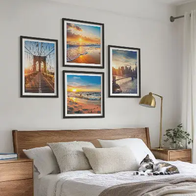 Wanddeko-Set mit Motiven von Brücken bei Sonnenuntergang in der Stadt