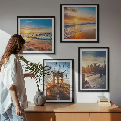 Wanddeko-Set mit Motiven von Brücken bei Sonnenuntergang in der Stadt