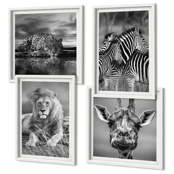 Polyptychon mit Rahmen Wandbild mit Wildtieren wie Löwe, Jaguar, Giraffe und Zebras